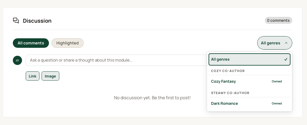 The Discussion box on a lesson, with the genre filter open showing All genres, Cozy Fantasy and Dark Romance.