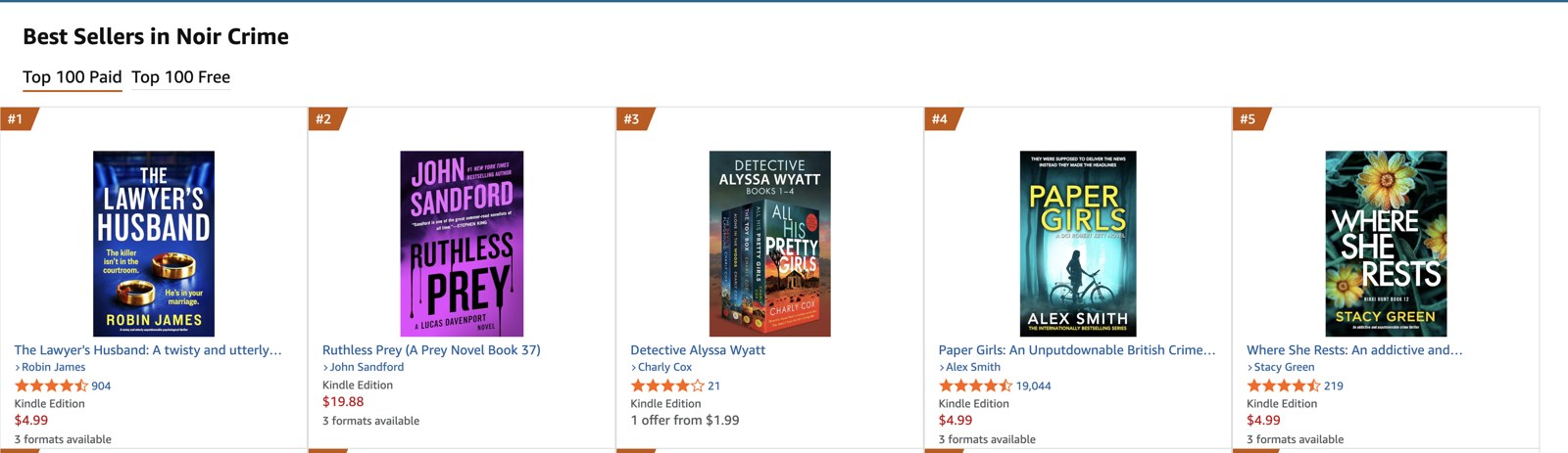 Amazon Best Sellers in Noir Crime — the #1 book with 904 ratings and a 21-rating book at #3